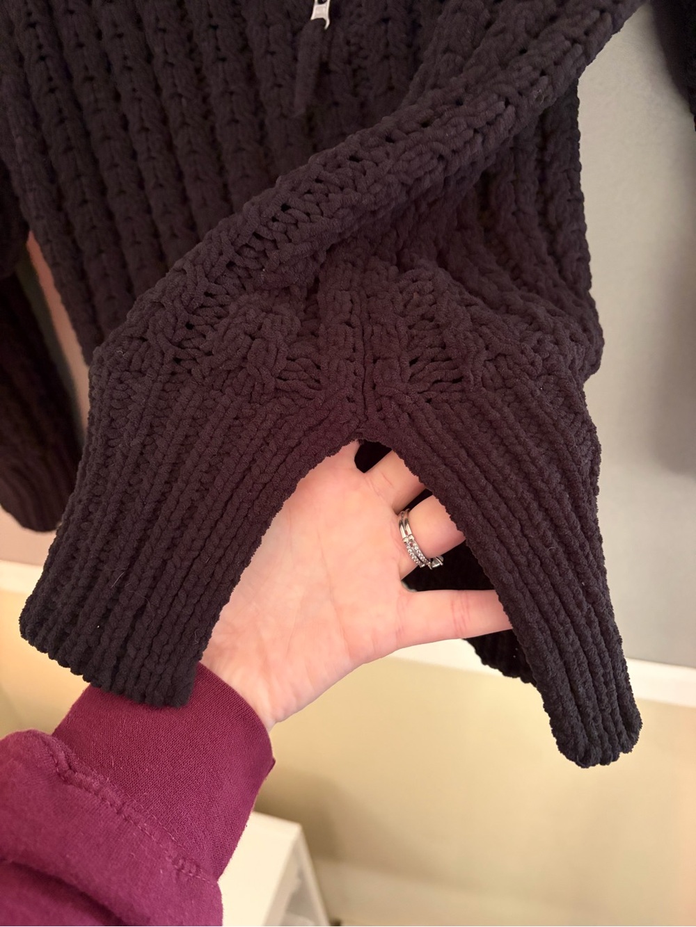 Aerie Cable Car 1/4 Zip Sweater Black Pullover Chenille Open Weave Chunky Knit - Picture 8 of 13